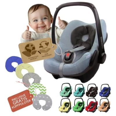 Abbildung von Frottee Sommerbezug [Schonbezug für Babyschale] Autositz kompatibel mit Maxi Cosi Pebble und Plus + GRATIS Kopfpolster (blau grau)