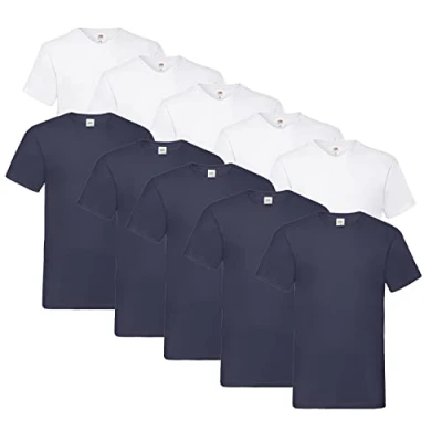 Abbildung von Fruit of the Loom Herren V Neck Valueweight T Shirt (10er Pack) (XXL, 5X Weiss, Deep Navy + 1 HLKauf Block)