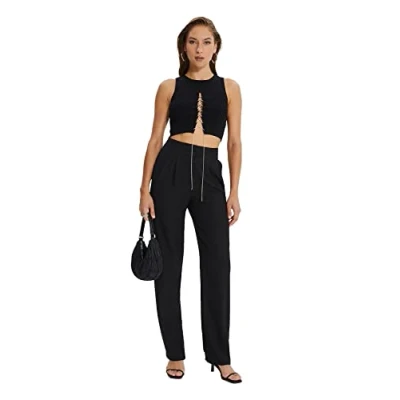 Abbildung von Trendyol Damen Drapierte Gefaltete Breite Pants, Schwarz, 42 EU