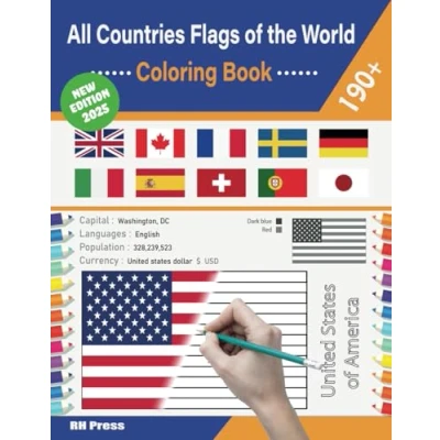 Abbildung von All countries flags of the world: Coloring book for kids and adults to learn about 190+ around world their some ... capital, languages, population, currency