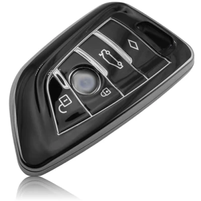 Abbildung von FOAMO Autoschlüssel Hülle kompatibel mit BMW 3 4 Tasten (nur Keyless Go) Silikon Schutzhülle Cover Schlüssel in Schwarz Silber