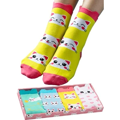 Abbildung von Corimori Witzige Lustige Katzen Baumwolle Socken 4ER SET Anime Geschenkverpackung CAT wolke die katze für Kinder, Größe: 36 42