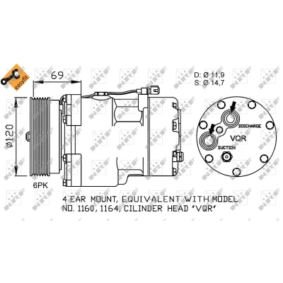 Abbildung von NRF EASY FIT 32748 Kompressor SD7V16 12 PAG 46 mit Kompressoröl, Dichtring VOLKSWAGEN: Sharan I, SEAT: Alhambra I