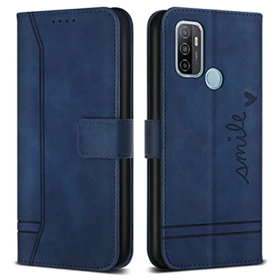 Abbildung von Bravoday Hülle für Oppo A53 2020 4G / A32 A53S A33 4G, PU Ledertasche Handyhülle Flip Schutzhülle mit Kartenfäch &amp; Kickstand, Blau