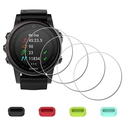 Abbildung von iDaPro [4 Stück] Displayschutz schutzfolie für Garmin fenix 5S 42mm + Silikon Anti Staub Stecker Panzerglas Kratzer Blasenfrei