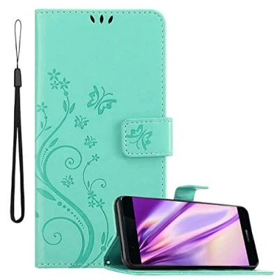 Abbildung von Cadorabo Hülle kompatibel mit Huawei P9 Blumen Design aus Premium Kunst Leder Flip Klappbare Stoßfeste Magnetische [Standfunktion] [Kartenfächern] Cover für Tasche in Türkis
