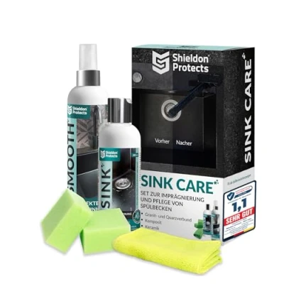 Abbildung von Shieldon Protects 2er Set Reiniger (250 ml) &amp; Imprägnat (200 für Granitspülen mit Schwämme und Mikrofasertuch Reinigung Wasserabweisende Imprägnierung Granit Blanco Silgranit Spüle
