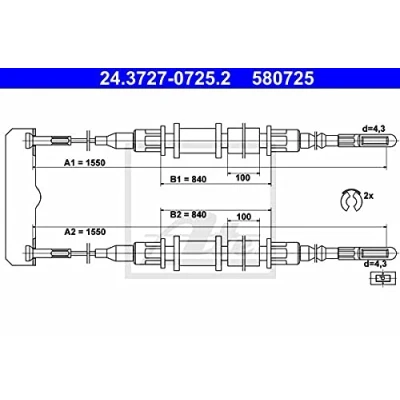 Abbildung von ATE 24.3727 0725.2 Handbremsseil 1550, 1550 mit Zubehör OPEL: Omega B Caravan, Limousine, A Limousine