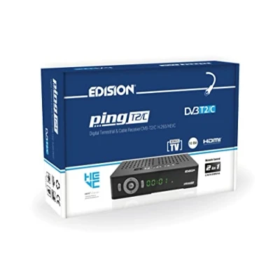 Abbildung von Edision PING T2 C Terrestrischer &amp; Kabel Receiver DVB H.265 HEVC Kartenleser Full HD PVR, 2xUSB, HDMI, SCART, LAN, S PDIF, IR Auge, R2232, USB WiFi Support, Universal 2in1 Fernbedieung Schwarz