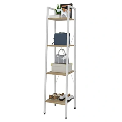 Abbildung von eSituro Bücherregal Leiterregal 4 Ablagen Standregal Aufbewahrung Küchenregal Badregal 34x35x148CM Weiß+Hell Eiche SSTR0041