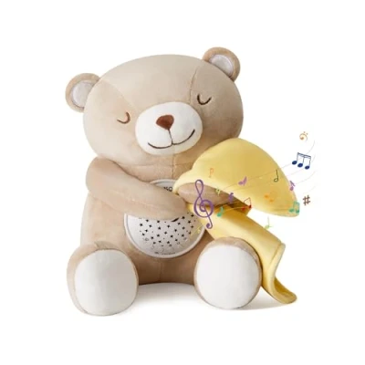 Abbildung von APUNOL Einschlafhilfe Babys Musik und Licht, Nachtlicht Projektor Wiederaufladbar kinder Babyparty Geschenk Mädchen Junge Spielzeug Teddy mit Weißes Rauschen, Weinen Erkennungs Sensor