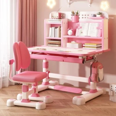 Abbildung von Tuelaly Kinder Schreibtisch und Stuhl Set, höhenverstellbare Kinderschreibtische mit geräumiger Schublade, goldener Abstand zur Vermeidung von Kurzsichtigkeit, Design für