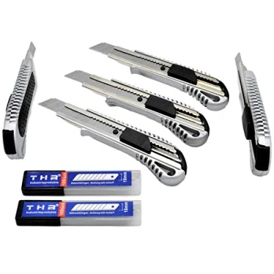 Abbildung von THR Industrieprodukte 5 Stück Alu Profi Cuttermesser Druckguss Teppichmesser 18mm Abbrechklinge Mehrzweck Messer + 20 Klingen, Gummi