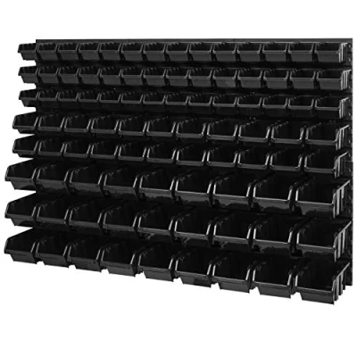 Abbildung von PAFEN Lagersystem Wandregal 1158 x 780 mm Stapelboxen Sichtlagerkästen Schüttenregal Wandplatten SET mit 3 Arten von Boxen (Schwarz)