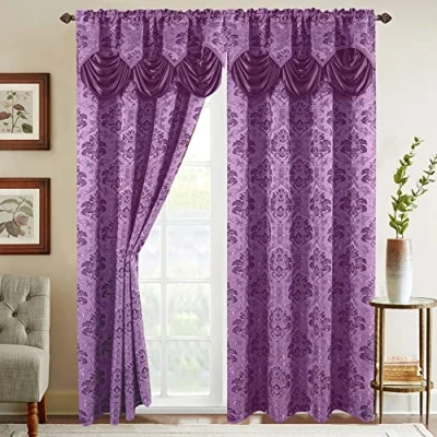 Abbildung von Elegant Comfort Jacquard Look Vorhang Set mit angenähtem Wasserfall Volant, (2 Stück), 137 x 213 cm, Flieder/Lila