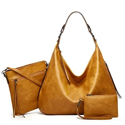 Abbildung von Ashioup Hobo Taschen für Damen, weiches PU Leder, lockere Schultertasche, Geldbörse mit Reißverschluss, Awn Yellow, Einheitsgröße