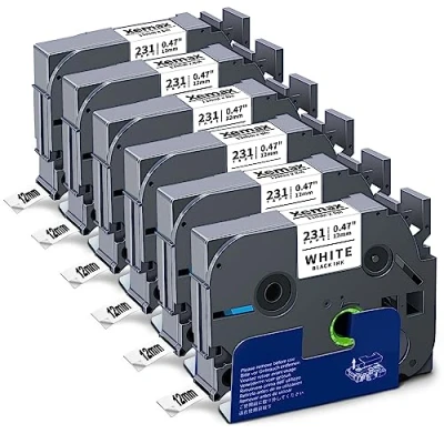 Abbildung von 6x XemaX Schriftband Kompatibel für Brother P touch Bänder TZe 231 12mm 0,47&#039;&#039; Etikettenband Beschriftungsgerät PT 1010 H105 D600 H100R H110 H101C H100LB H200 D400, Schwarz auf Weiß