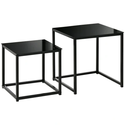 Abbildung von HOMCOM Beistelltisch Quadratischer Sofatisch Satztisch mit Glastischplatte (Couchtisch Set, 2 St., Kaffeetisch), Stahl Schwarz