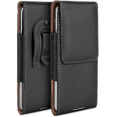Abbildung von moex Plug Case kompatibel mit Apple iPhone 15 Plus Hülle Gürtelclip, Handy Gürteltasche aus Vegan Leder, Handyhülle zum Einstecken, Etui Flip Schutzhülle klappbar Schwarz