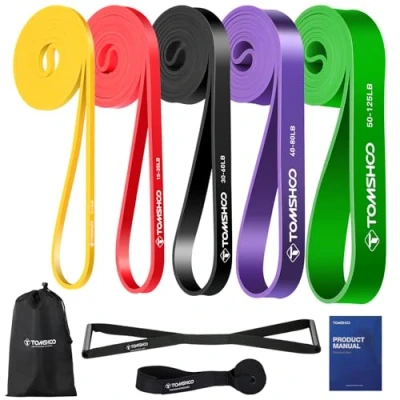 Abbildung von TOMSHOO Resistance Bands Set, 5 Widerstandsbänder mit 2 Griff, 1 Türanker und Aufbewahrungstasche, Mehrere Widerstandsstufen Fitnessbänder Trainingsbänder für Krafttraining, Klimmzüge, mehr