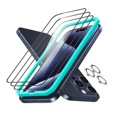 Abbildung von ESR iPhone 15 Pro für Panzerglas, Armorite Displayschutzfolien Set, extrem Robustes gehärtetes Glas, Rahmen einfache Anbringung, 3 Stück mit 1 Satz individuellem Kamera Schutz