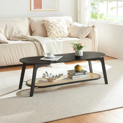 Abbildung von en.casa Couchtisch, »Taivalkoski« Bambus 120x43x40 cm Schwarz / Rattanoptik
