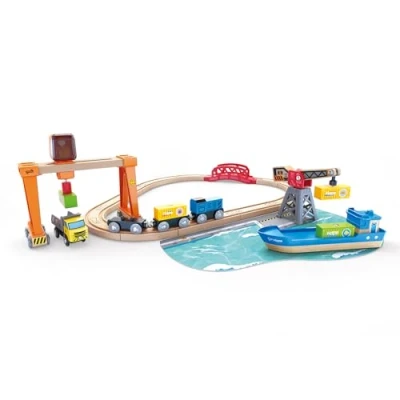 Abbildung von Hape Spielzeug Eisenbahn Abladen und Aufladen im Hafen, (Set)