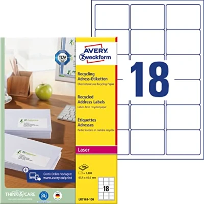 Abbildung von AVERY Zweckform LR7161 100 Recycling Etiketten (1.800 Adressaufkleber, 63,5x46,6mm auf A4, 100% recyceltes Altpapier, bedruckbar, selbstklebend, für C6 Briefkuverts) Blatt, naturweiß
