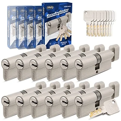 Abbildung von GERCAR Pro Gleichschließend 12 Knaufzylinder 30/30 Set 12x Schließzylinder mit Knauf inkl. 60 Schlüssel mm Türschloss Zylinderschloss 12er Zylinder Länge: 60mm, A:30 B:30 Messing matt