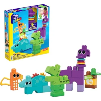 Abbildung von MEGA First Builders HKN43 BLOKS Sensorisches Spielzeug für Kleinkinder, Dinos aus Bauklötzen, T Rex, Brontosaurus, Pterodactylus und Stegosaurus, Konstruktionsspielzeug Kleinkinder ab 1 Jahr