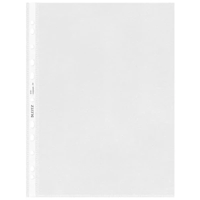 Abbildung von Leitz Standard Prospekthüllen Set A4, 100 Stück durchsichtige gelochte Taschen, 30% Pre Consumer Recycling Kunststoff, 100% recycelbar, oben und links öffnende Kunststofftaschen, 85 Micron, 47970000