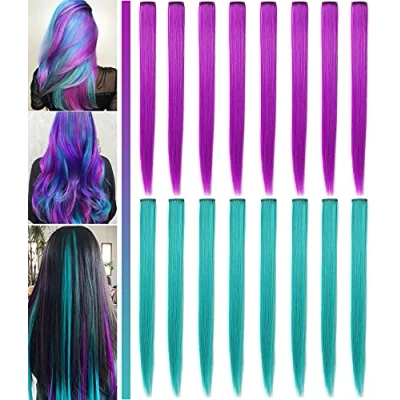 Abbildung von JCHDWSGUO 16 Stück Farbige Haarverlängerungen 21 Zoll Hitzebeständige Synthetische Glatte Clip in Mädchen Damen Holiday Party Hair Highlights (Türkis Violett)