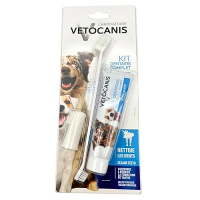 Abbildung von Vetocanis Bio00068 Zahnpflegeset für Hunde, mit Zahnbürste, Zahnpasta und Massagebürste, Geschmack Biscuit, 1 stück (1er Pack)
