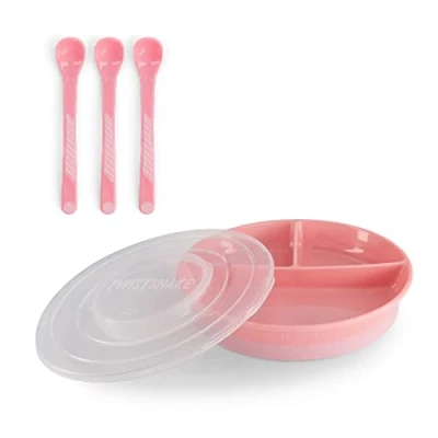 Abbildung von Twistshake Babygeschirr Set Geteilter Teller + 3 Löffel Besteck BPA Frei Esslernset Für Kinder Babyfütterungsset Rosa