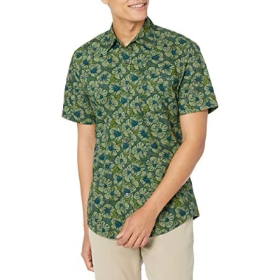 Abbildung von Amazon Essentials Herren Kurzärmeliges Druckhemd, Schmale Passform, Olivgrün Hibiskusblume, XXL
