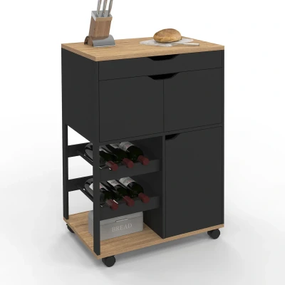 Abbildung von Küchenwagen mit Schränken und Flaschenablage aus Holz Schwarz IDMarket