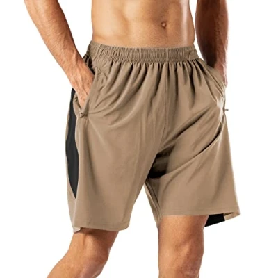 Abbildung von HMIYA Herren Sport Shorts Schnell Trocknend Kurze Hose mit Reißverschlusstasch (Khaki,L)