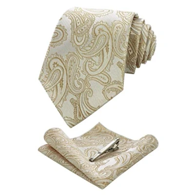 Abbildung von JEMYGINS Graziös Paisley Elegant Herren Krawatte und Einstecktuch mit krawattenklammer Sets (Champagner Gold)