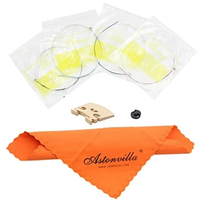 Abbildung von Dilwe 4 in 1 Violin Saiten Kit, Geigensaiten Gummi Mute Ahornholz Brücke Reinigungstuch kit