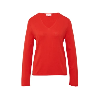 Abbildung von s.Oliver Feinstrickpullover mit V Ausschnitt und Rollkante am Saum rot 40