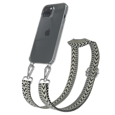 Abbildung von EAZY CASE Handykette mit verstellbarem Trageriemen für iPhone 15 Taschengurt zum Wechseln transparenter Handyhülle Hülle dünner Schulterriemen in Grün Schwarz Silber