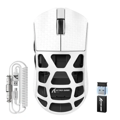 Abbildung von ATTACK SHARK R3PRO 46g SUPERLIGHT Magnesiumlegierung Maus, 8000Hz Kabellose Abfragerate, 26000 DPI, 2,4G/BT/Kabelgebundene Gaming Mouse, PixArt PAW3395 Sensor G502, mit Spiralkabel, PC/Mac, Weiß