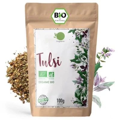 Abbildung von ORIGEENS Bio Tulsi 100g Indisches Basilikum, getrocknete Blätter tee lose ohne Teein, Anti Stress und Ayurveda