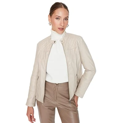 Abbildung von Trendyol Damen Regular Basic Plain Webstoff Winterjacke Coat, Greige, L EU