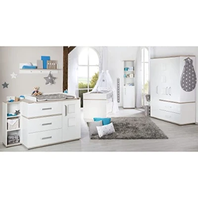 Abbildung von roba® Babyzimmer Komplettset Moritz mit Bilderrahmen, Gitterbett, Wickelkommode &amp; Drehtürenschrank, umbaubar