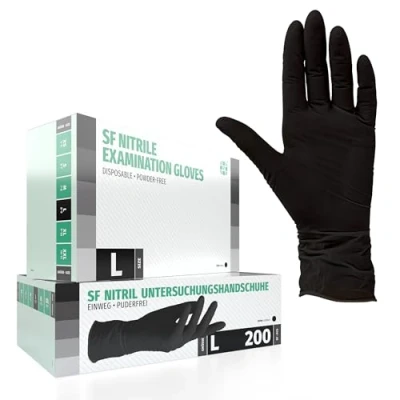 Abbildung von SF Nitrilhandschuhe L Schwarz 200 Stück Einweghandschuhe, Einmalhandschuhe, Puderfrei, Latexfrei, Gummihandschuhe Einweg zum Kochen, Putzen, für Medizin, Küche, Garten, Werkstatt, Tattoo, Haushalt