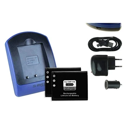 Abbildung von 2 Akkus + Ladegerät (Netz+Kfz+USB) für Casio NP 110 / Exilim EX FC200S Z2000 Z2300... JVC Everio... s. Liste