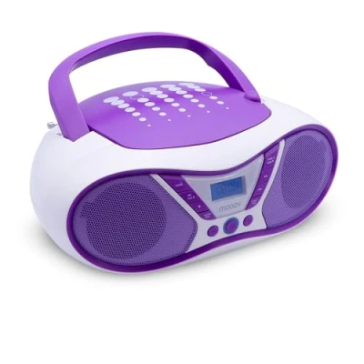 Abbildung von MOOOV Pop Purple, tragbarer CD Player, Wiedergabe von R/CD RW/CD MP3, UKW Radio, USB Port, Stereo Sound 6 W, ergonomischer Griff, Netzbetrieb oder Batterien 477404