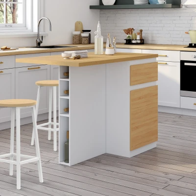 Abbildung von Mittelinsel TINO 120 cm mit Flaschenablage für 4 Personen aus weißem Holz Arbeitsplatte in Buchenholzoptik IDMarket