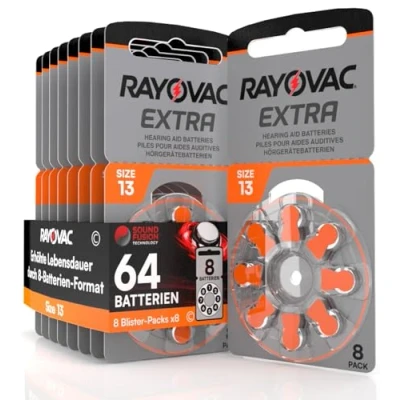 Abbildung von 64 Hörgerätebatterien Rayovac Extra Size 13 8 Blister mit Batterien